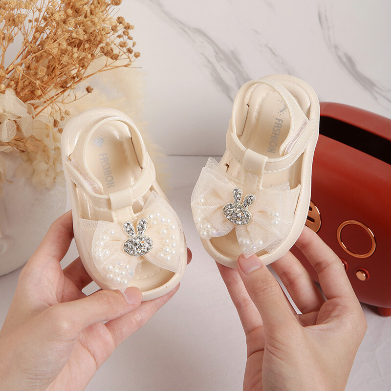 Модерни сладки заешки сандали с панделка за бебета момичета, дишащи, устойчиви на износване обувки за ходене на закрито на открито