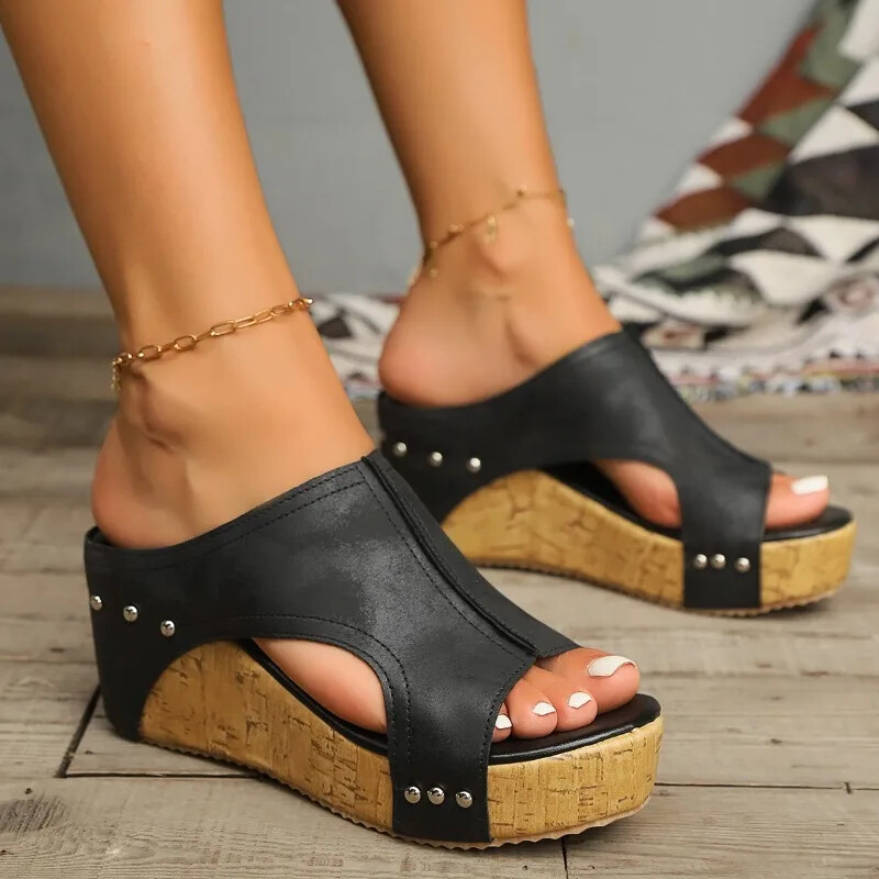 2024. aasta kvaliteetsed jalatsid Naiste lahtise varbaga naiste sussid, suvised Rooma tugevad välistingimustes kasutatavad vabaaja platvormid kiilukontsaga suured sussid