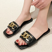 Γυναικεία παπούτσια 2024 New Square Toe Γυναικείες Παντόφλες Καλοκαιρινή Ανοιχτή Αλυσίδα Μασίφ, Casual Beach Flat, μεγάλου μεγέθους