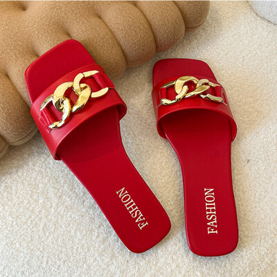 Γυναικεία παπούτσια 2024 New Square Toe Γυναικείες Παντόφλες Καλοκαιρινή Ανοιχτή Αλυσίδα Μασίφ, Casual Beach Flat, μεγάλου μεγέθους