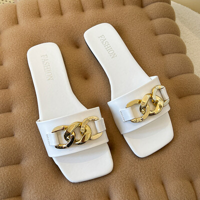 Γυναικεία παπούτσια 2024 New Square Toe Γυναικείες Παντόφλες Καλοκαιρινή Ανοιχτή Αλυσίδα Μασίφ, Casual Beach Flat, μεγάλου μεγέθους