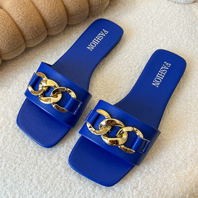 Γυναικεία παπούτσια 2024 New Square Toe Γυναικείες Παντόφλες Καλοκαιρινή Ανοιχτή Αλυσίδα Μασίφ, Casual Beach Flat, μεγάλου μεγέθους