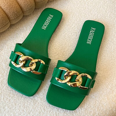 Γυναικεία παπούτσια 2024 New Square Toe Γυναικείες Παντόφλες Καλοκαιρινή Ανοιχτή Αλυσίδα Μασίφ, Casual Beach Flat, μεγάλου μεγέθους