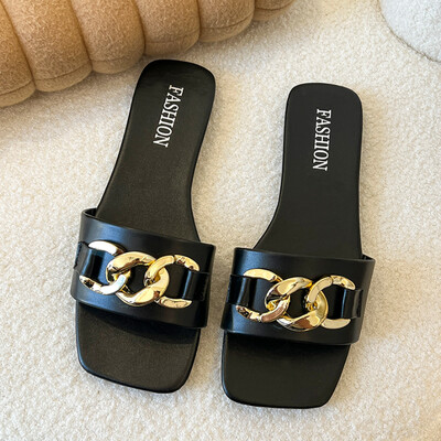 Γυναικεία παπούτσια 2024 New Square Toe Γυναικείες Παντόφλες Καλοκαιρινή Ανοιχτή Αλυσίδα Μασίφ, Casual Beach Flat, μεγάλου μεγέθους