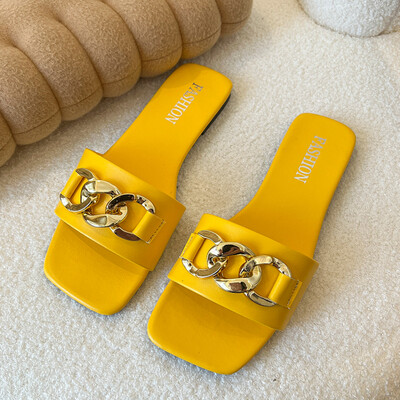 Γυναικεία παπούτσια 2024 New Square Toe Γυναικείες Παντόφλες Καλοκαιρινή Ανοιχτή Αλυσίδα Μασίφ, Casual Beach Flat, μεγάλου μεγέθους