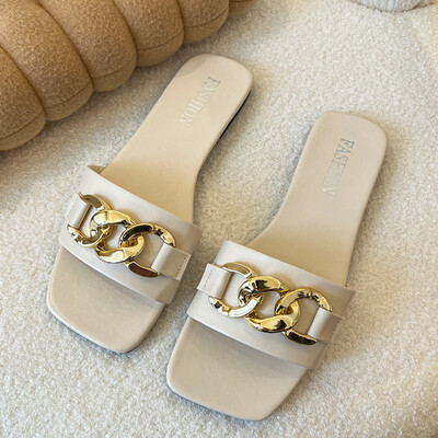 Γυναικεία παπούτσια 2024 New Square Toe Γυναικείες Παντόφλες Καλοκαιρινή Ανοιχτή Αλυσίδα Μασίφ, Casual Beach Flat, μεγάλου μεγέθους