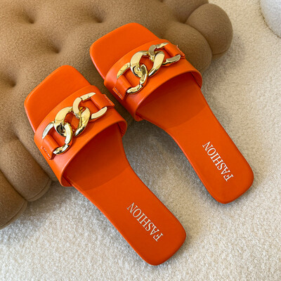 Γυναικεία παπούτσια 2024 New Square Toe Γυναικείες Παντόφλες Καλοκαιρινή Ανοιχτή Αλυσίδα Μασίφ, Casual Beach Flat, μεγάλου μεγέθους