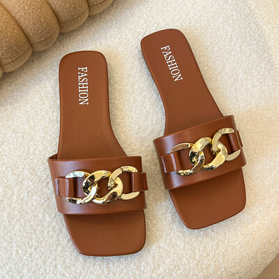 Γυναικεία παπούτσια 2024 New Square Toe Γυναικείες Παντόφλες Καλοκαιρινή Ανοιχτή Αλυσίδα Μασίφ, Casual Beach Flat, μεγάλου μεγέθους