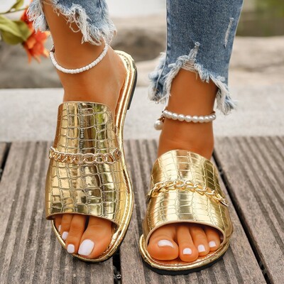 Didelis dydis 36-43 Vasaros auksinės metalinės grandinėlės šlepetės moteriškos plokščios prabangios lauko paplūdimio šlepetės Moteriškos basutės Trend Slides Batai