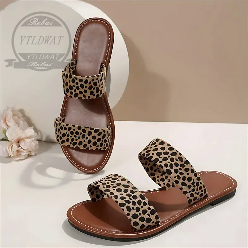 Naiste leopardimustriga libisemissandaalid, trendikad topeltrihmaga lamedad välisjalatsid, kerged rannakingad SUURUS 36-43
