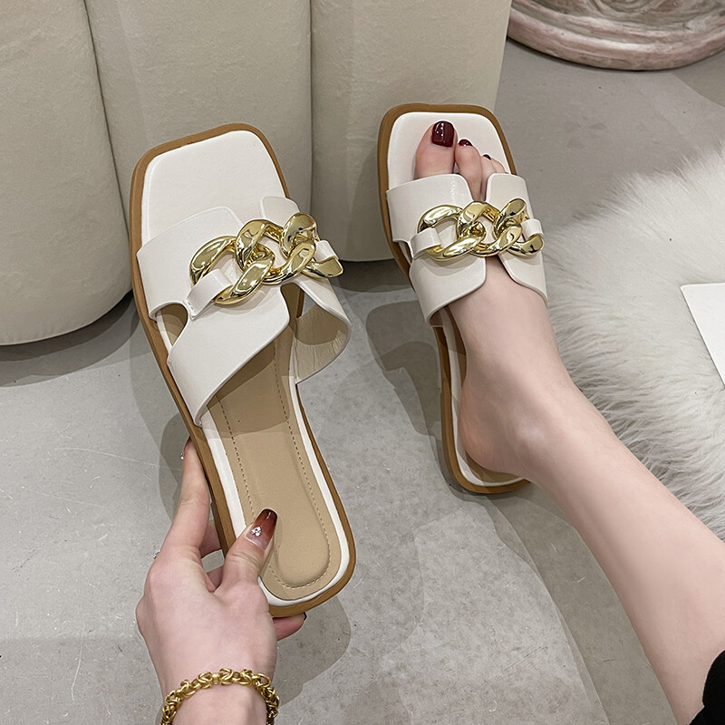 Luksuslikud naistejalatsid Bränd Metallkaunistus Naiste Sussid Mood Peep Toe Vabaajasussid Naiste Uued Ruudukujulised Lamedad Sussid