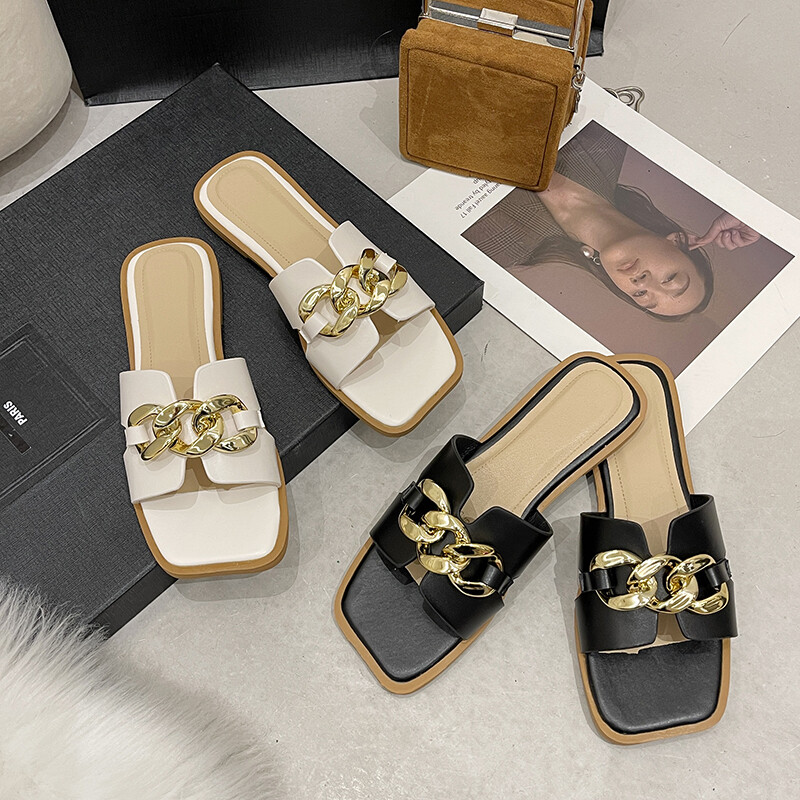 Luksuslikud naistejalatsid Bränd Metallkaunistus Naiste Sussid Mood Peep Toe Vabaajasussid Naiste Uued Ruudukujulised Lamedad Sussid