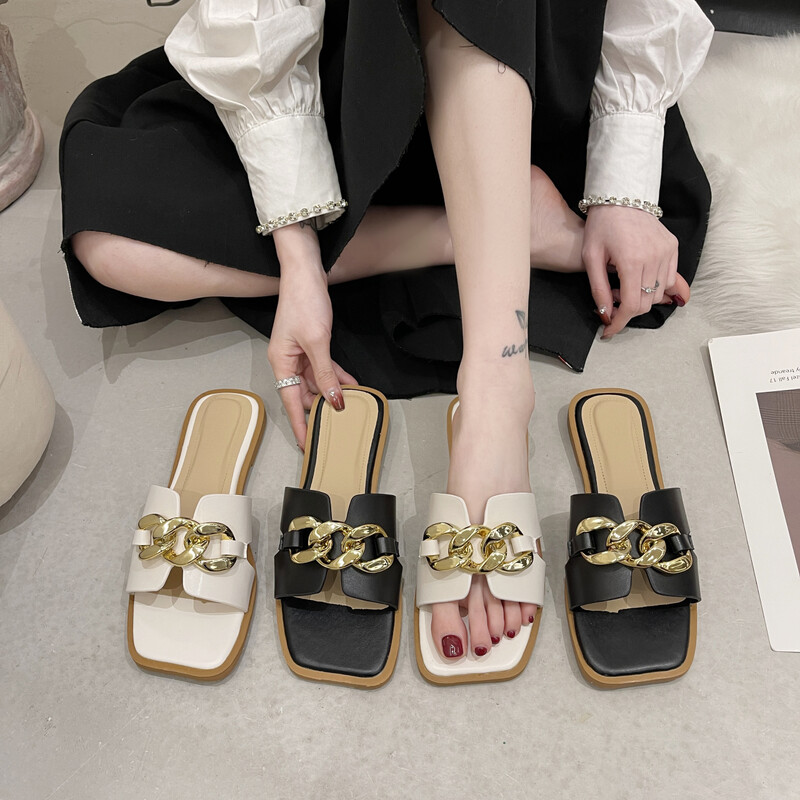 Luksuslikud naistejalatsid Bränd Metallkaunistus Naiste Sussid Mood Peep Toe Vabaajasussid Naiste Uued Ruudukujulised Lamedad Sussid