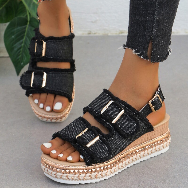 Sandale cu pană pentru femei, papuci de plajă de vară 2024, cu cataramă dublă, Saboți anti-alunecare, sandale cu platformă pentru femei, flip-flop, denim femei