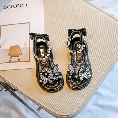 Laste sandaalid Mood Rhinestone Pearl Tüdrukute Kingad Kõrge ülaosaga Princess Rannasandaalid Pehme tallaga libisemisvastased Lastejalatsid босоножки