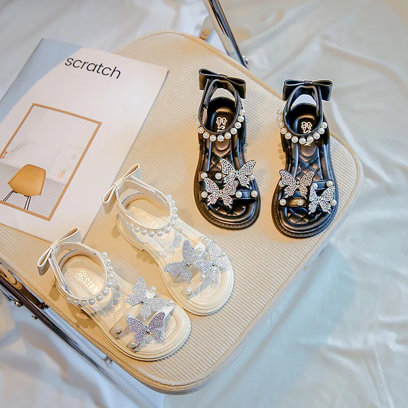 Laste sandaalid Mood Rhinestone Pearl Tüdrukute Kingad Kõrge ülaosaga Princess Rannasandaalid Pehme tallaga libisemisvastased Lastejalatsid босоножки