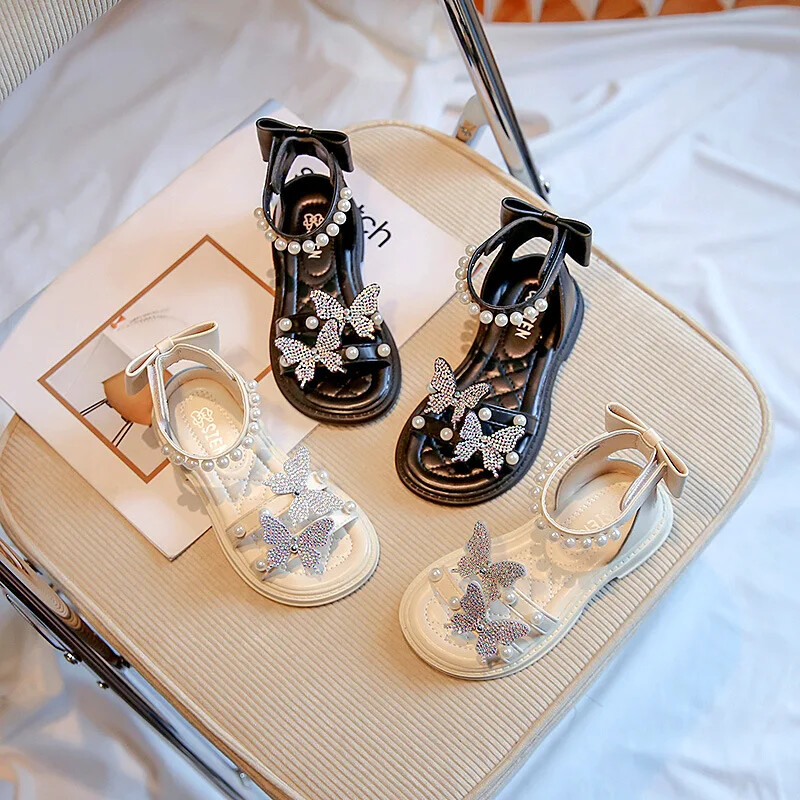 Laste sandaalid Mood Rhinestone Pearl Tüdrukute Kingad Kõrge ülaosaga Princess Rannasandaalid Pehme tallaga libisemisvastased Lastejalatsid босоножки