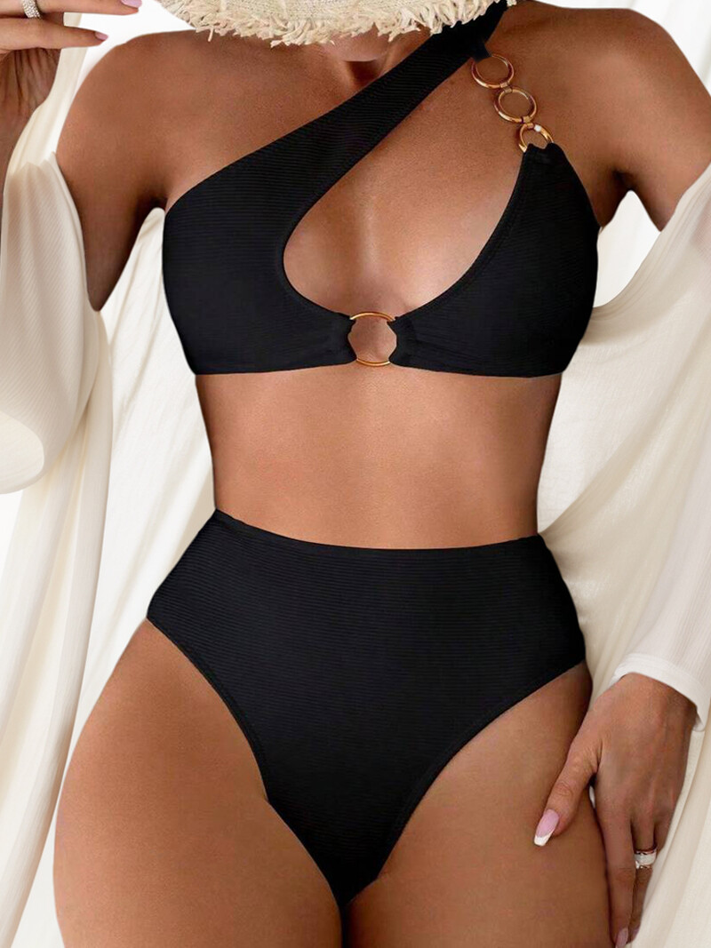 seksualus vienspalvis moteriškas maudymosi kostiumėlis, iškirptas ant vieno peties su apskrito žiedo detalėmis maudymosi kostiumėlis be nugarų dviejų dalių maudymosi kostiumėlis