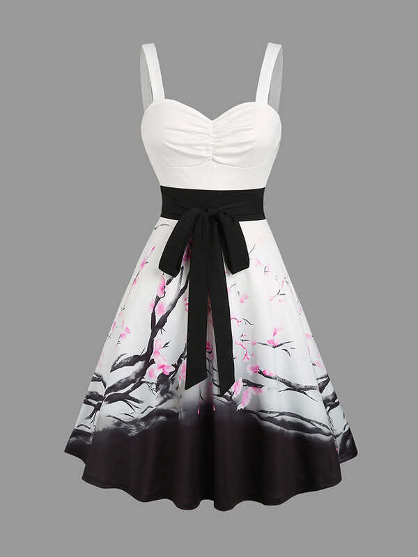 Γυναικεία Μίνι Φορέματα Sweetheart Λαιμόκοψη άνθη δαμάσκηνου στάμπα Ρουχ μπούστο τανκ ζώνη καλοκαιρινό φόρεμα Κομψό αμάνικο φόρεμα