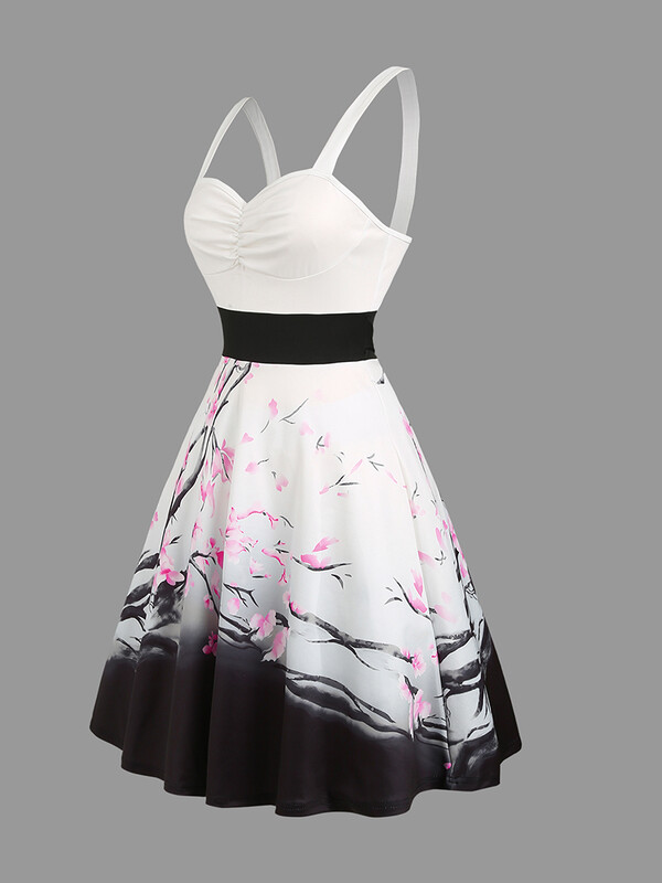 Γυναικεία Μίνι Φορέματα Sweetheart Λαιμόκοψη άνθη δαμάσκηνου στάμπα Ρουχ μπούστο τανκ ζώνη καλοκαιρινό φόρεμα Κομψό αμάνικο φόρεμα