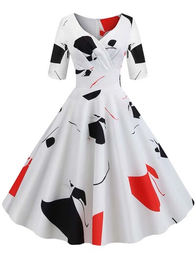 Μισό μανίκι μαύρο καλοκαιρινό γυναικείο φόρεμα Floral print Vintage φορέματα πάρτι Robe Casual Retro A-Line Vestidos