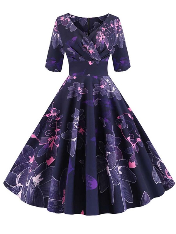 Μισό μανίκι μαύρο καλοκαιρινό γυναικείο φόρεμα Floral print Vintage φορέματα πάρτι Robe Casual Retro A-Line Vestidos