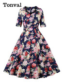 Tonval Πολύχρωμο Floral Vintage Φόρεμα με μισό μανίκι Pinup 50s Γυναικεία ρόμπα ψηλόμεση βαμβακερά κομψά πολυτελή ρετρό φορέματα