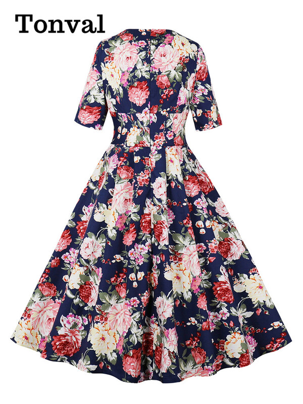 Tonval Πολύχρωμο Floral Vintage Φόρεμα με μισό μανίκι Pinup 50s Γυναικεία ρόμπα ψηλόμεση βαμβακερά κομψά πολυτελή ρετρό φορέματα