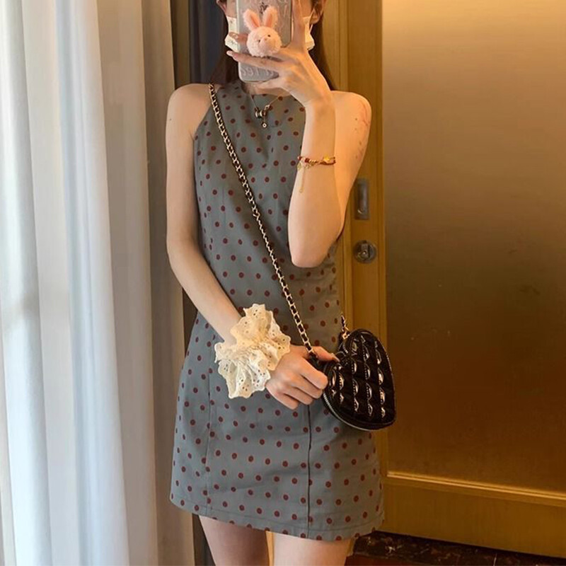 Καλοκαιρινό νέο Vintage Dot Printing Mini Tank Φόρεμα Γυναικεία αμάνικη λεπτή casual ρόμπα Γυναικεία ιδιοσυγκρασία Γυναικεία ιδιοσυγκρασία σε γραμμή Α Vestidos Femme