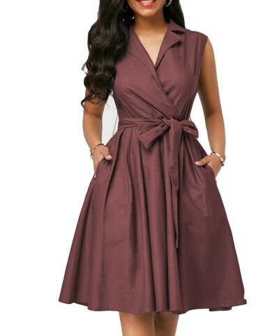 Γυναικεία φορέματα 2023 Καλοκαιρινή μόδα μονόχρωμος γιακάς Αμάνικο casual γραβάτα με λεπτομέρεια Σχέδιο τσέπης A-Line Daily Midi Φόρεμα