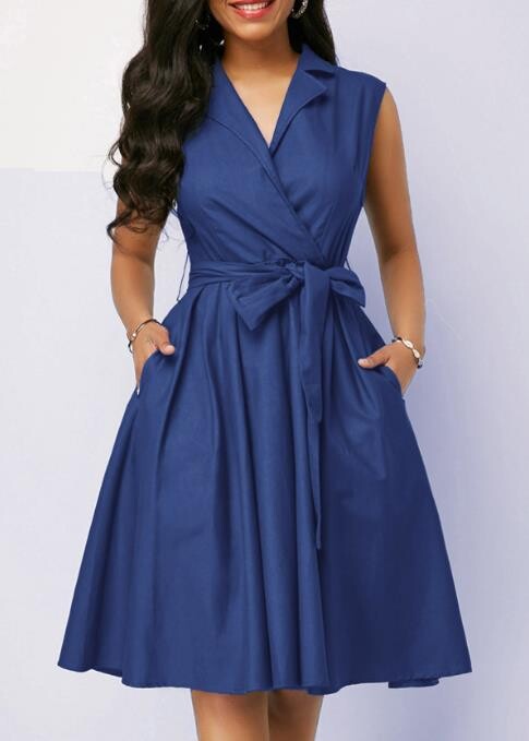 Γυναικεία φορέματα 2023 Καλοκαιρινή μόδα μονόχρωμος γιακάς Αμάνικο casual γραβάτα με λεπτομέρεια Σχέδιο τσέπης A-Line Daily Midi Φόρεμα