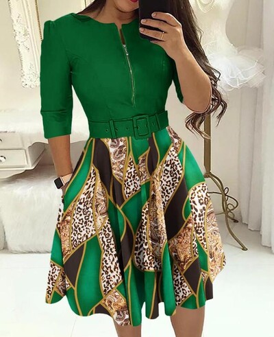 Naiste kleidid 2023. aasta suvemood lilledega mustriga värviblokk tõmblukuga vabaaja kujundusega ümara kaelusega kolmveerand Midi peokleit