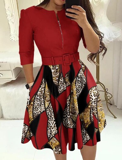 Naiste kleidid 2023. aasta suvemood lilledega mustriga värviblokk tõmblukuga vabaaja kujundusega ümara kaelusega kolmveerand Midi peokleit