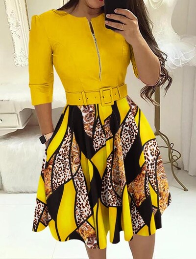 Naiste kleidid 2023. aasta suvemood lilledega mustriga värviblokk tõmblukuga vabaaja kujundusega ümara kaelusega kolmveerand Midi peokleit