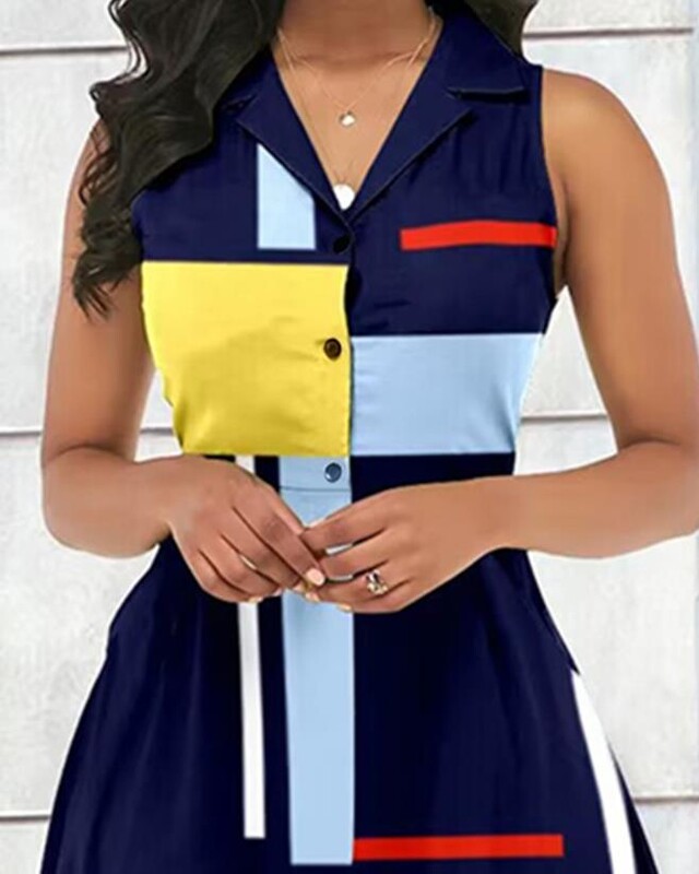 Rochii de damă 2023, modă de vară, imprimeu geometric, bloc de culoare, cu nasturi, lejer, guler crestat, rochie midi fără mâneci, haine Y2K