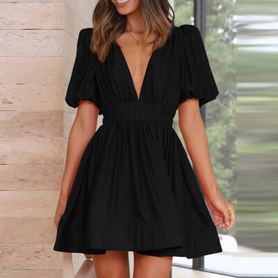 Naiste 2023. aasta suvekleit vabaaja vaba, kõrge vöökohaga, sügava vöökohaga, voldiga, puhvis varrukatega kleit naistele, luksuslik minikleit, tasuta kohaletoimetamine