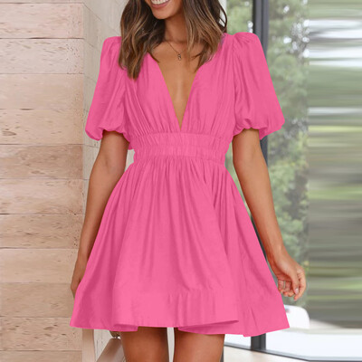 Naiste 2023. aasta suvekleit vabaaja vaba, kõrge vöökohaga, sügava vöökohaga, voldiga, puhvis varrukatega kleit naistele, luksuslik minikleit, tasuta kohaletoimetamine