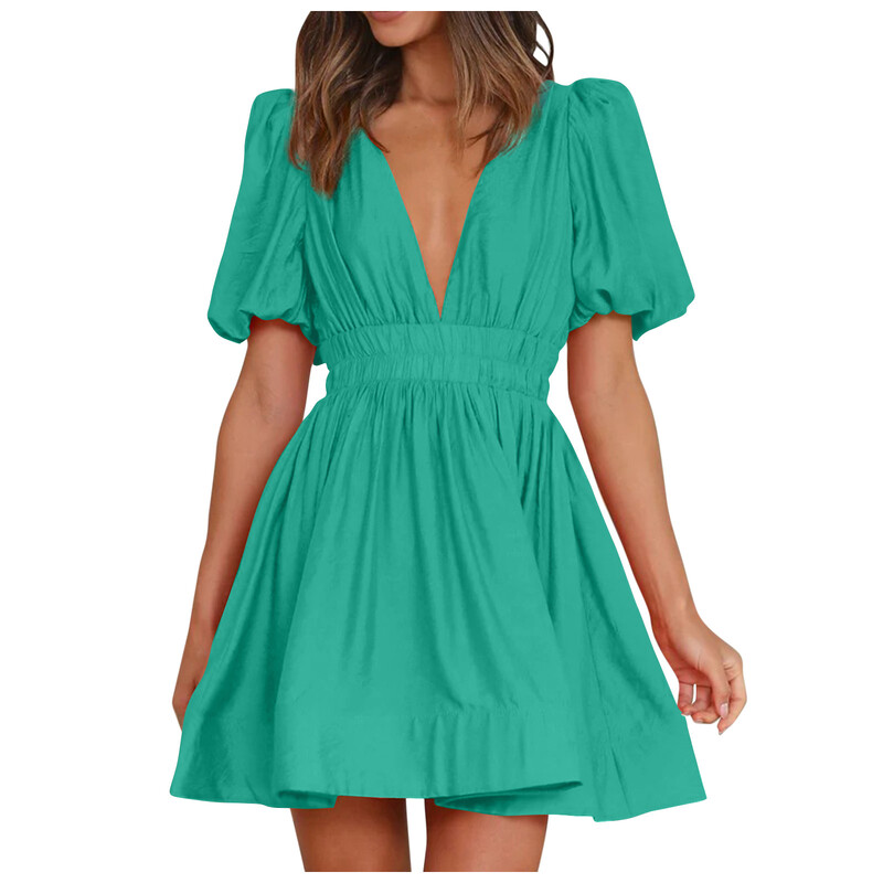 Naiste 2023. aasta suvekleit vabaaja vaba, kõrge vöökohaga, sügava vöökohaga, voldiga, puhvis varrukatega kleit naistele, luksuslik minikleit, tasuta kohaletoimetamine