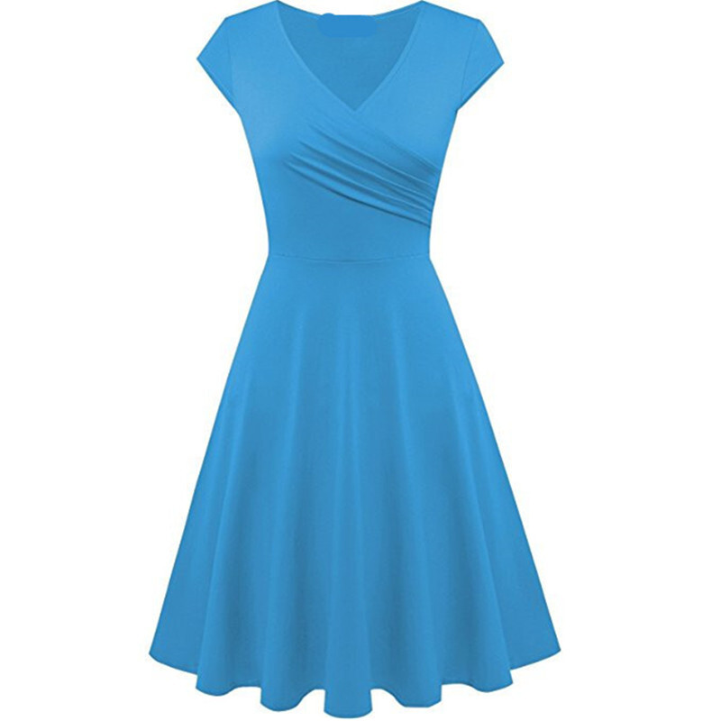 Įprasta moteriška vienspalvė vasarinė plona sūpynės suknelė 2021 m. Seksuali didelio dydžio biuro universali mini suknelė Retro V formos kaklo paplūdimio suknelės