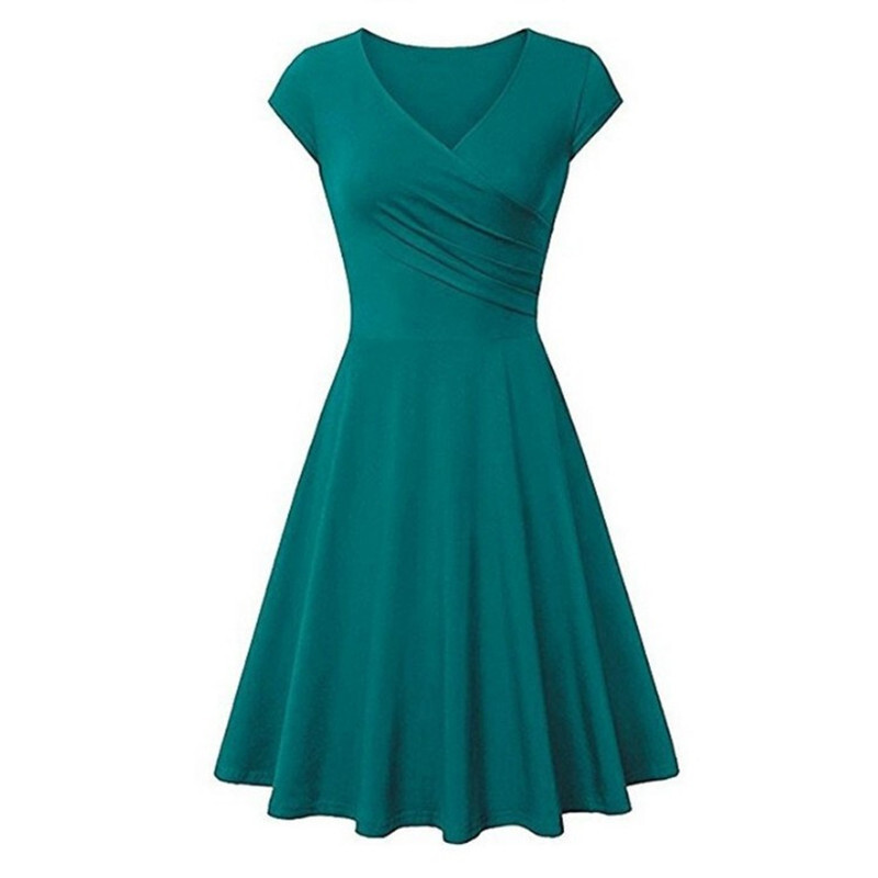Įprasta moteriška vienspalvė vasarinė plona sūpynės suknelė 2021 m. Seksuali didelio dydžio biuro universali mini suknelė Retro V formos kaklo paplūdimio suknelės