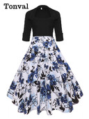 Tonval τετράγωνο λαιμόκοψη μαύρο και λουλουδάτο στάμπα 50s Robe Vintage φθινοπωρινά ρούχα Γυναικεία μισά μανίκια βαμβακερά μίντι φορέματα