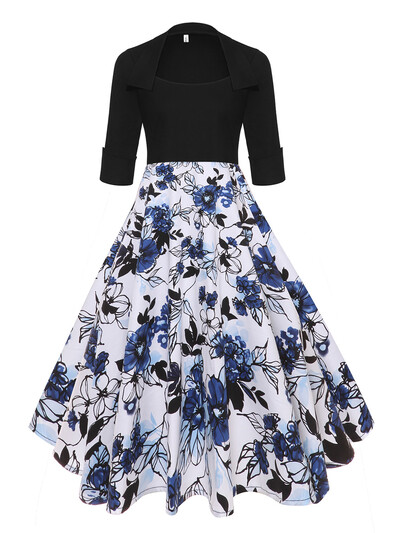 Tonval τετράγωνο λαιμόκοψη μαύρο και λουλουδάτο στάμπα 50s Robe Vintage φθινοπωρινά ρούχα Γυναικεία μισά μανίκια βαμβακερά μίντι φορέματα