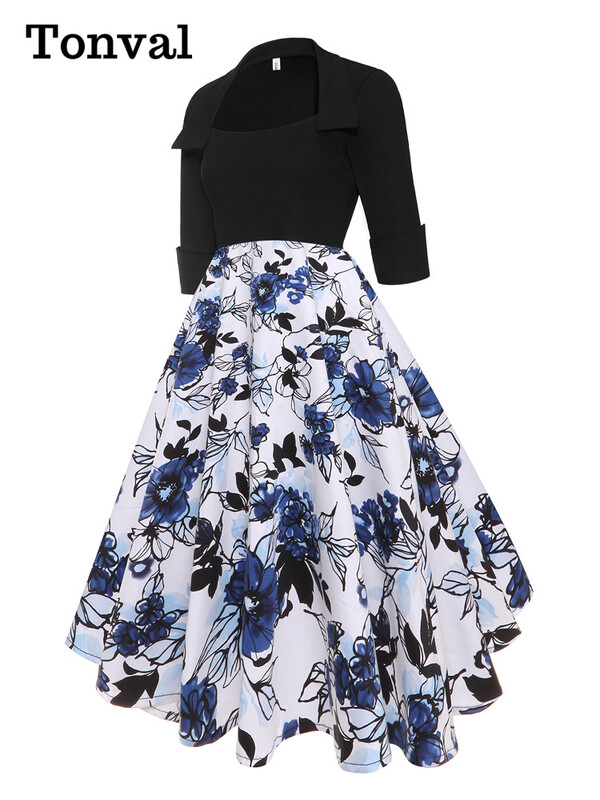 Tonval τετράγωνο λαιμόκοψη μαύρο και λουλουδάτο στάμπα 50s Robe Vintage φθινοπωρινά ρούχα Γυναικεία μισά μανίκια βαμβακερά μίντι φορέματα