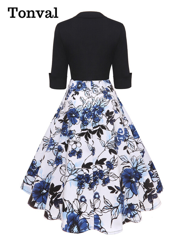 Tonval τετράγωνο λαιμόκοψη μαύρο και λουλουδάτο στάμπα 50s Robe Vintage φθινοπωρινά ρούχα Γυναικεία μισά μανίκια βαμβακερά μίντι φορέματα