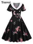 Tonval Shawl Dollar kaherealise lilleprintiga 50ndate pikad kleidid Vintage riided naistele Midi elegantne puuvillane pidulik kleit