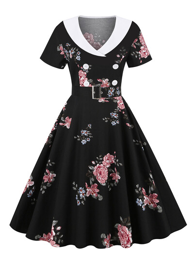 Tonval Shawl Dollar kaherealise lilleprintiga 50ndate pikad kleidid Vintage riided naistele Midi elegantne puuvillane pidulik kleit