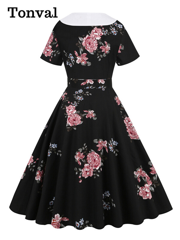 Tonval Shawl Dollar kaherealise lilleprintiga 50ndate pikad kleidid Vintage riided naistele Midi elegantne puuvillane pidulik kleit