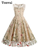 Tonvali lilledega tikitud võrkkattega vintage pikad kleidid naistele kõrge vöökohaga sünnipäevapeo elegantne suvekleit