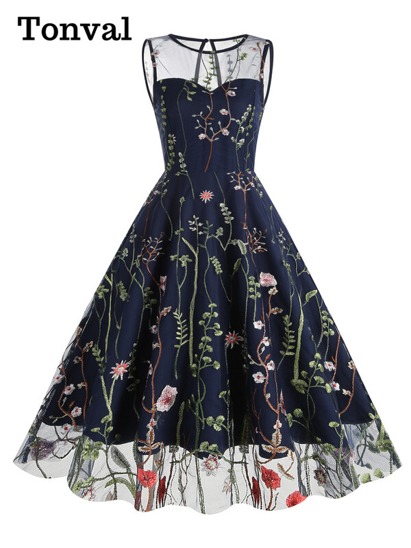 Tonvali lilledega tikitud võrkkattega vintage pikad kleidid naistele kõrge vöökohaga sünnipäevapeo elegantne suvekleit