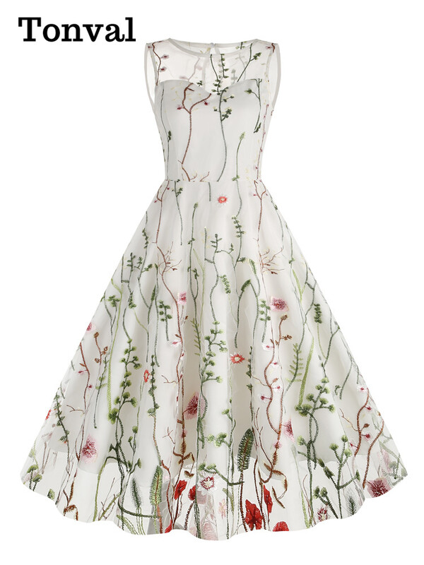 Tonvali lilledega tikitud võrkkattega vintage pikad kleidid naistele kõrge vöökohaga sünnipäevapeo elegantne suvekleit